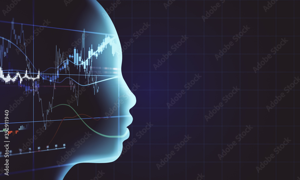 Side view of glowing woman head with stock infographic