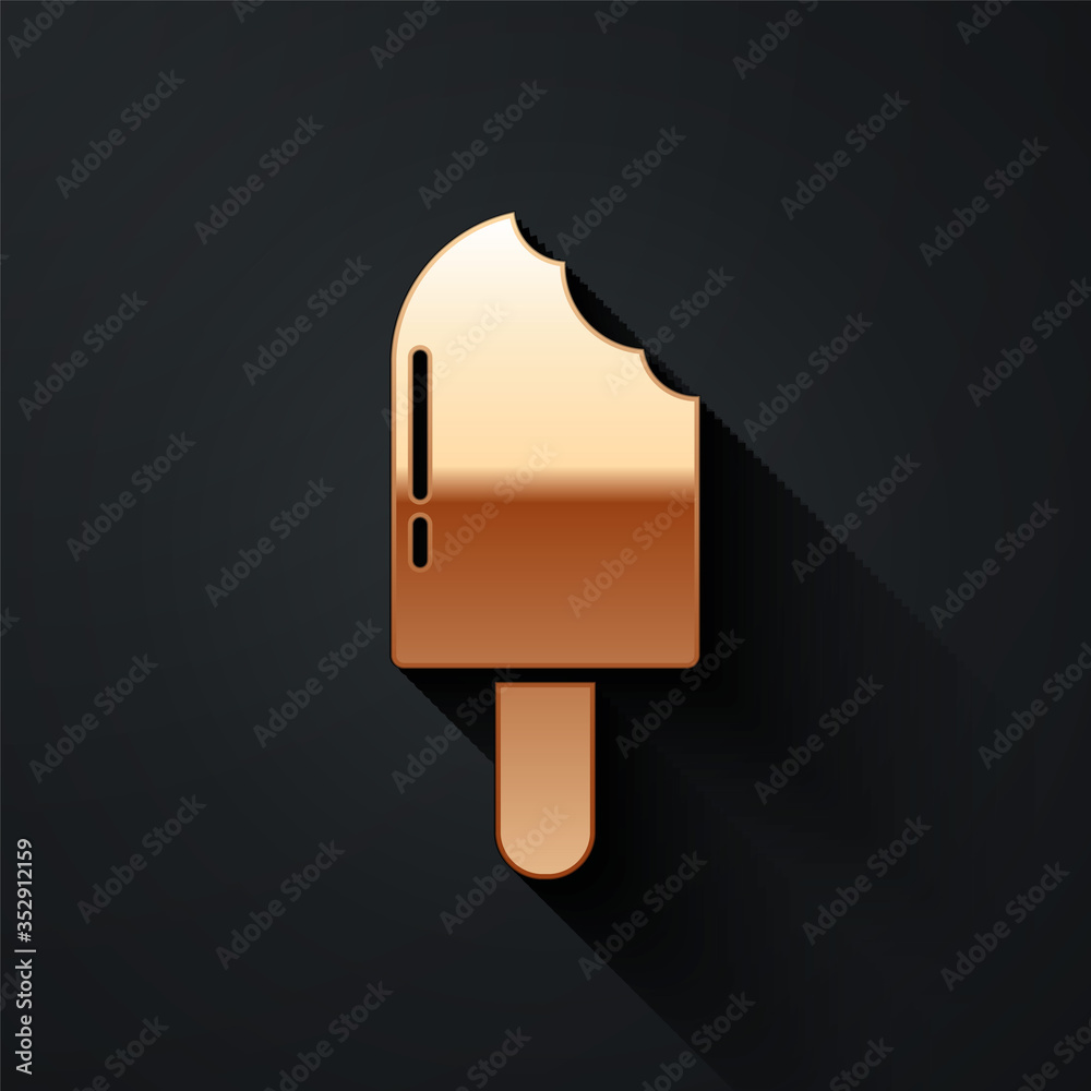 Gold Ice cream icon isolated on black background. Sweet symbol. Long shadow style. Vector.