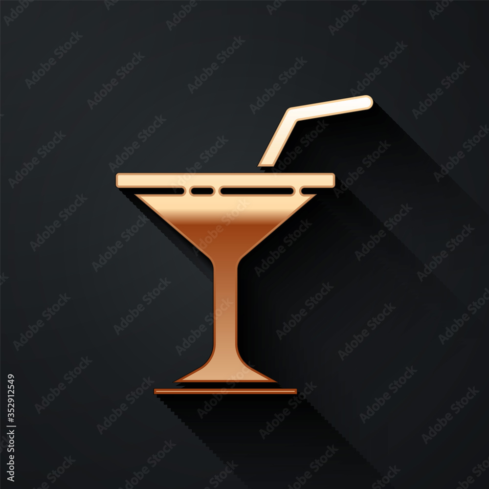 Gold Martini glass icon isolated on black background. Cocktail icon. Wine glass icon. Long shadow st