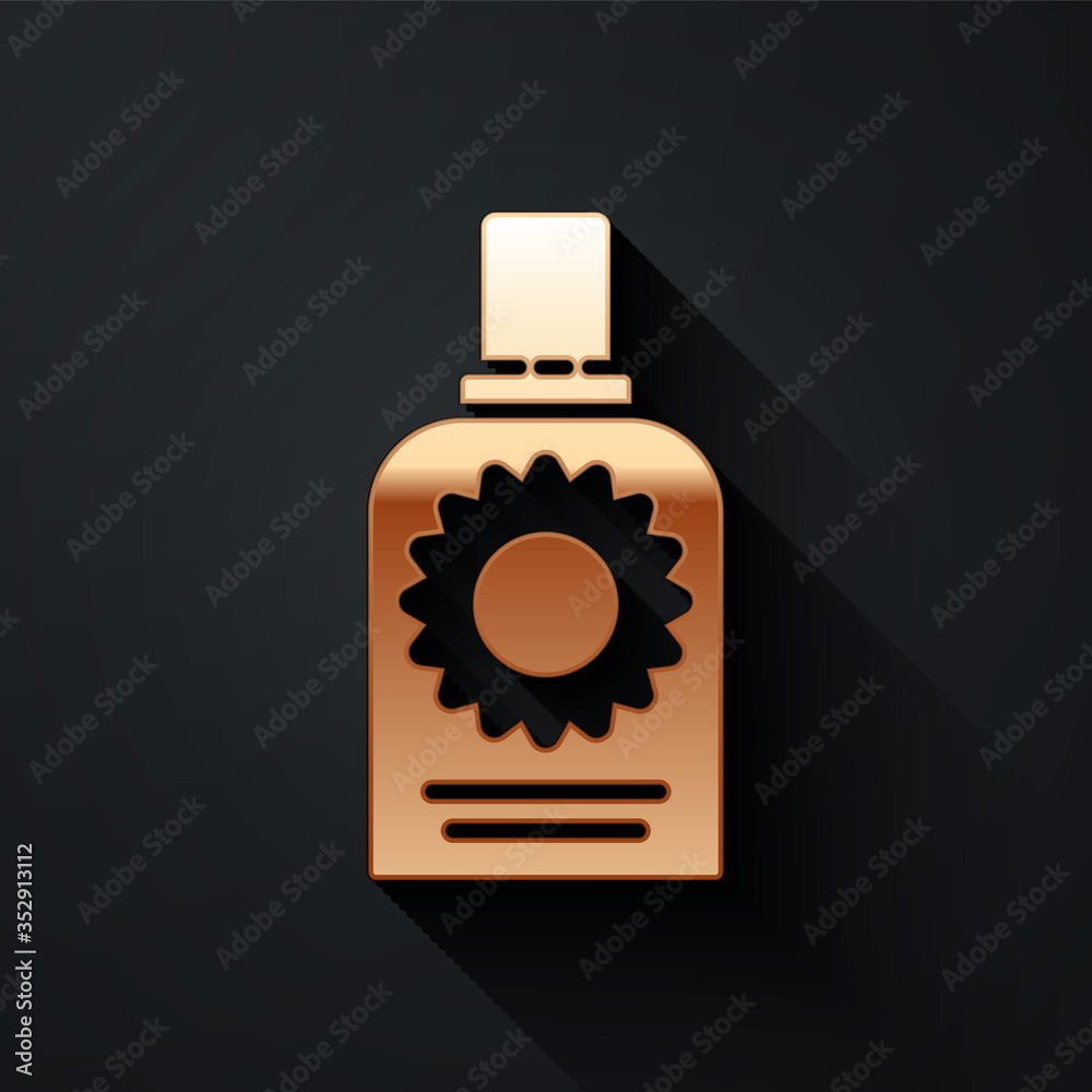 Gold Sunscreen spray bottle icon isolated on black background. Protection for the skin from solar ul