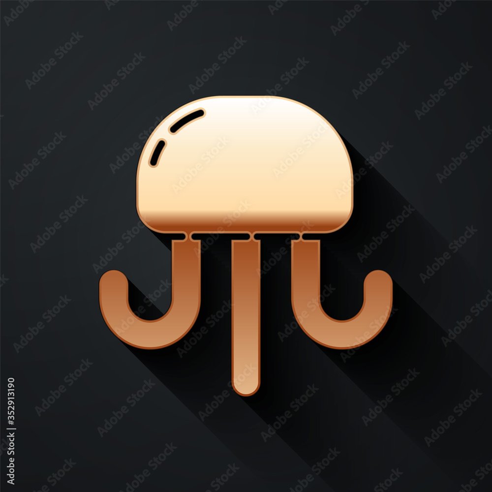 Gold Jellyfish icon isolated on black background. Long shadow style. Vector.