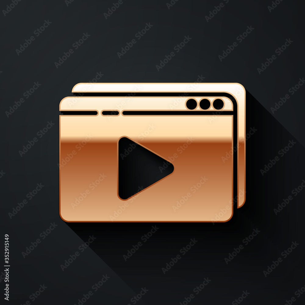 Gold Online play video icon isolated on black background. Film strip with play sign. Long shadow sty