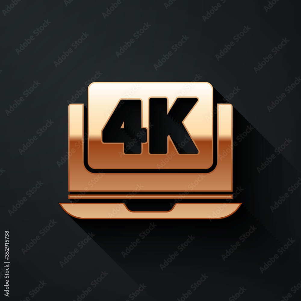 Gold Laptop screen with 4k video technology icon isolated on black background. Long shadow style. Ve