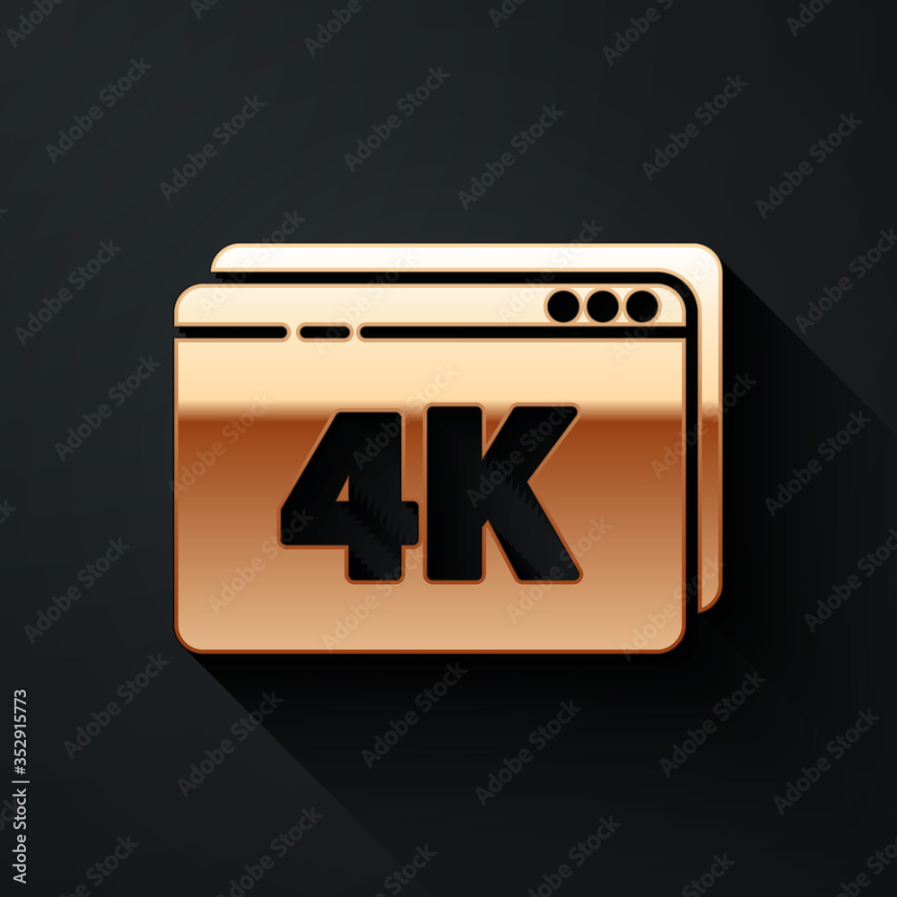 Gold Online play video with 4k Ultra HD video technology icon isolated on black background. Film str