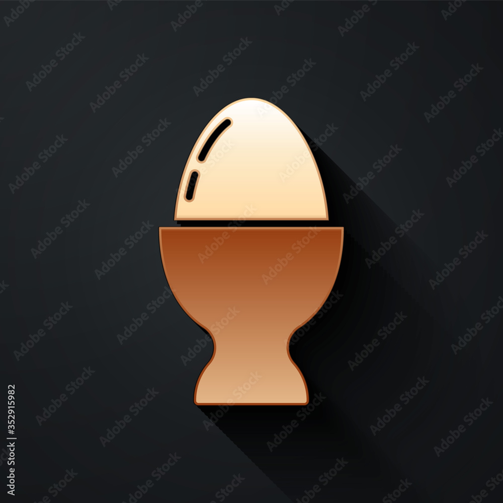 Gold Easter egg on a stand icon isolated on black background. Happy Easter. Long shadow style. Vecto