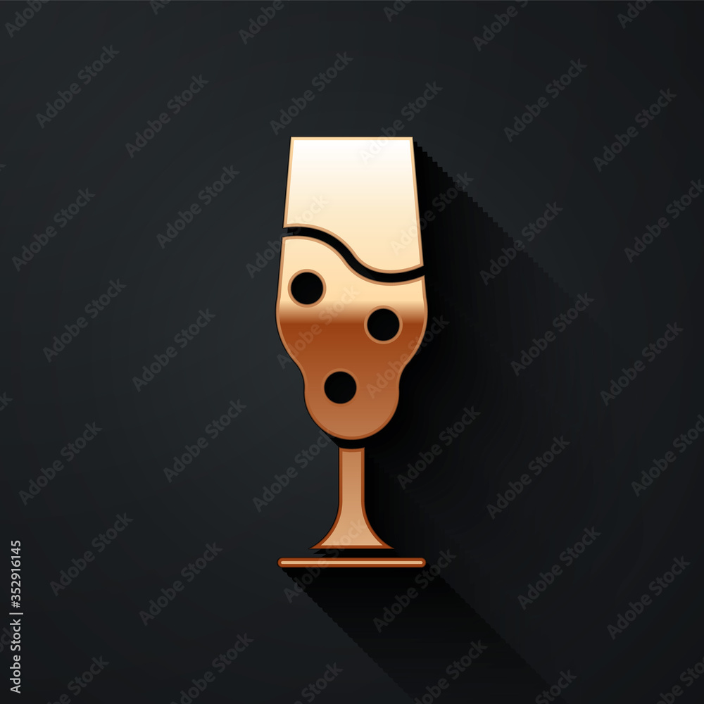 Gold Wine glass icon isolated on black background. Wineglass icon. Goblet symbol. Glassware sign. Ha