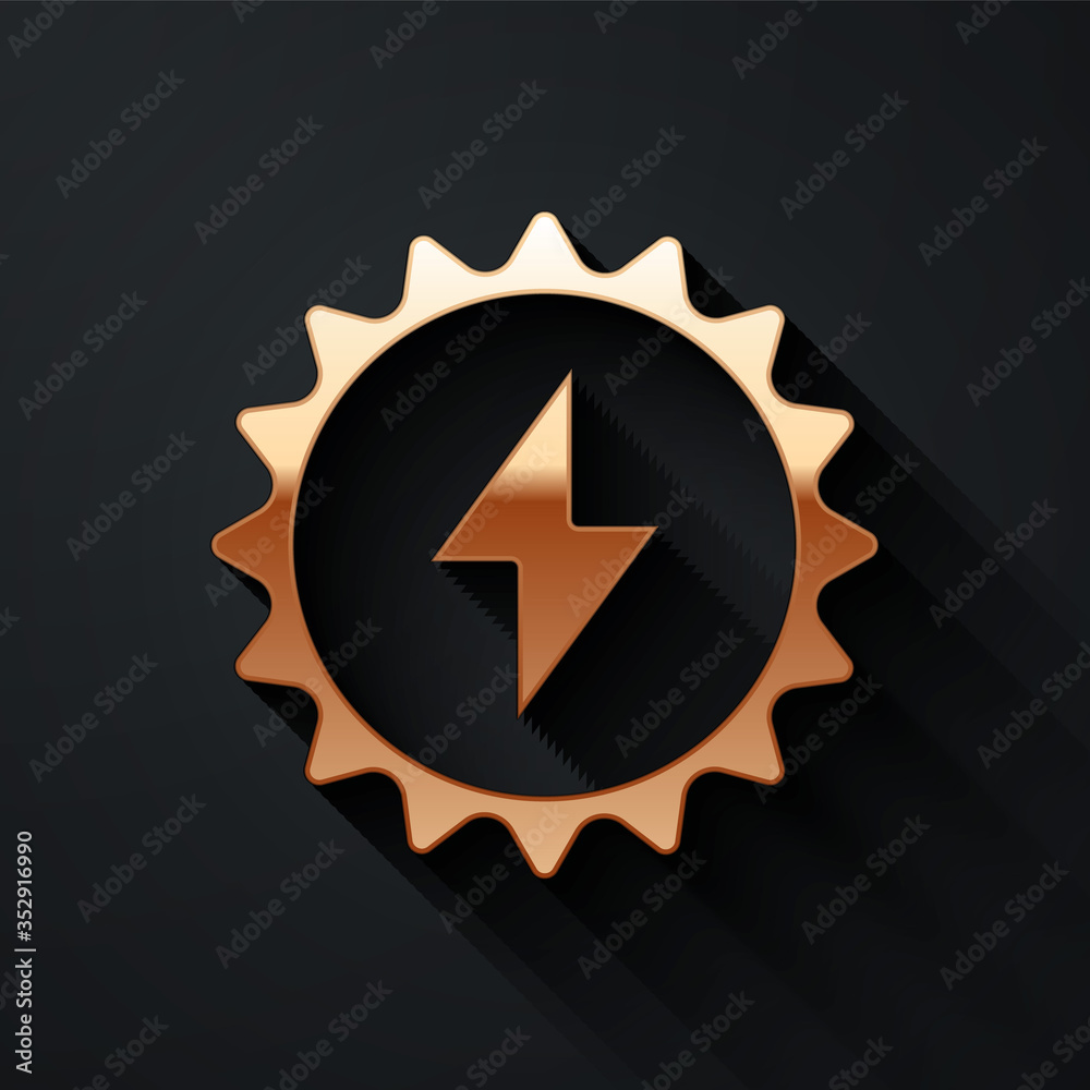 Gold Solar energy panel icon isolated on black background. Sun with lightning symbol. Long shadow st