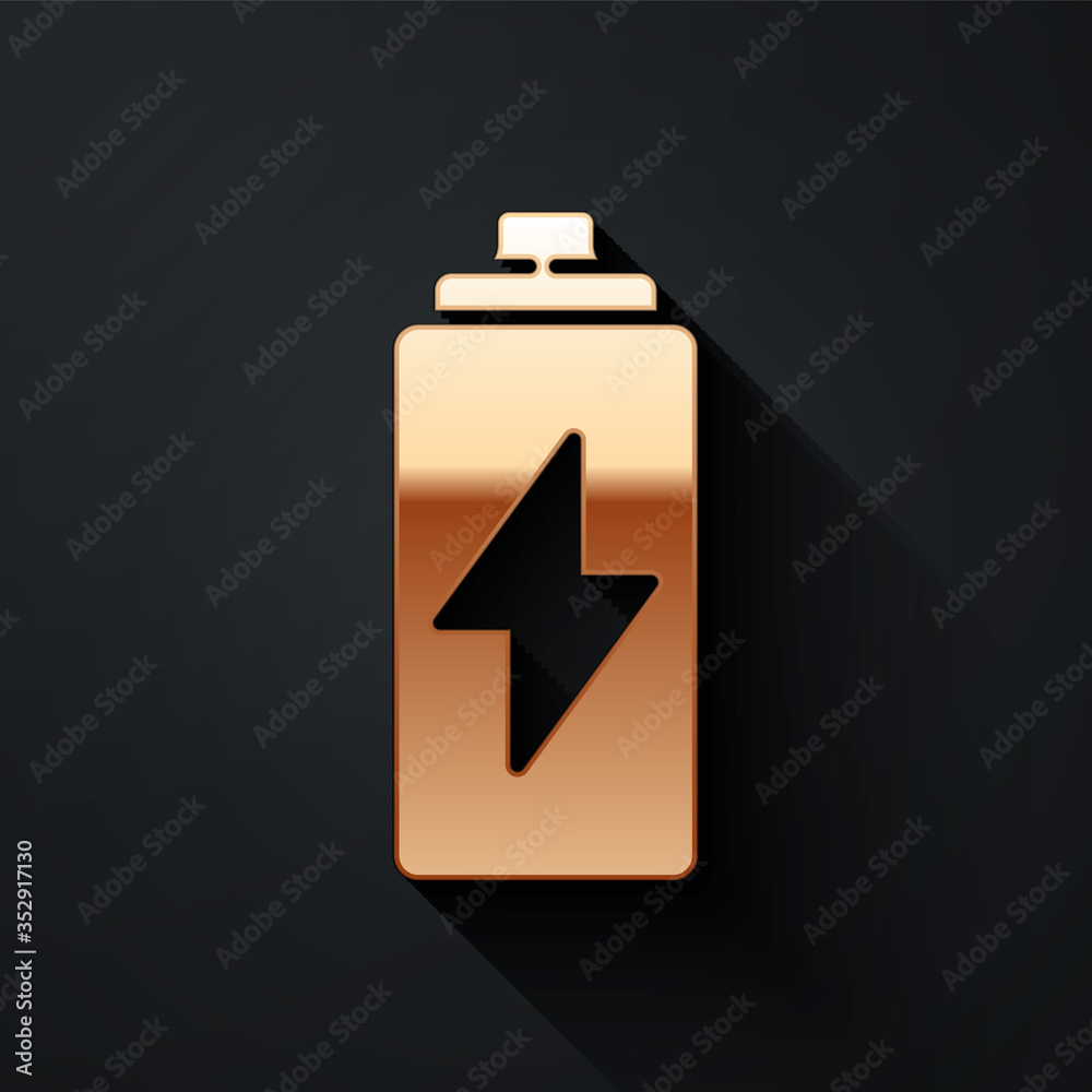 Gold Battery icon isolated on black background. Lightning bolt symbol. Long shadow style. Vector.