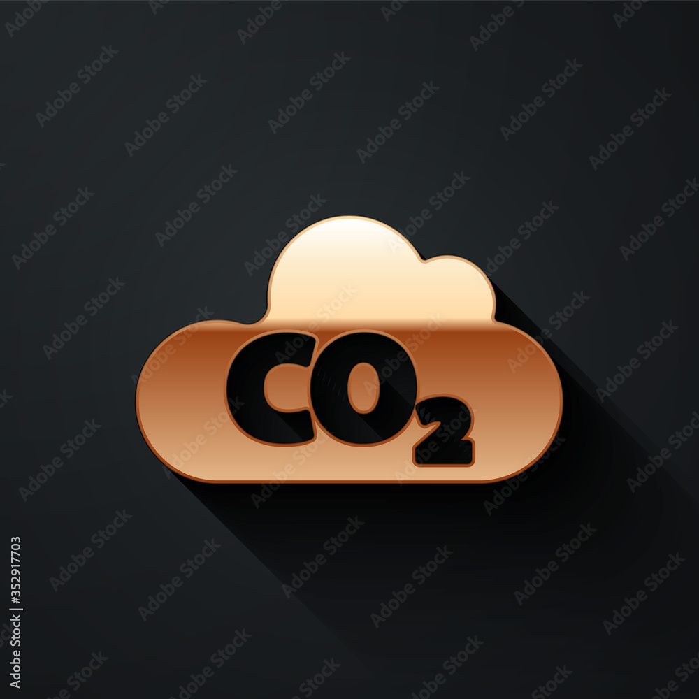 Gold CO2 emissions in cloud icon isolated on black background. Carbon dioxide formula, smog pollutio