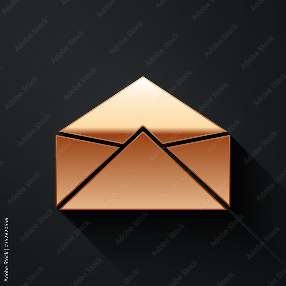 Gold Envelope icon isolated on black background. Email message letter symbol. Long shadow style. Vec