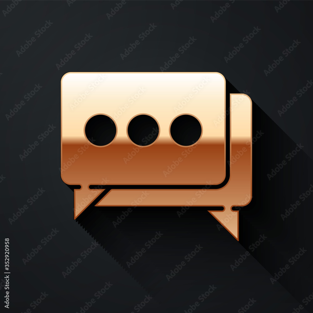 Gold Speech bubble chat icon isolated on black background. Message icon. Communication or comment ch