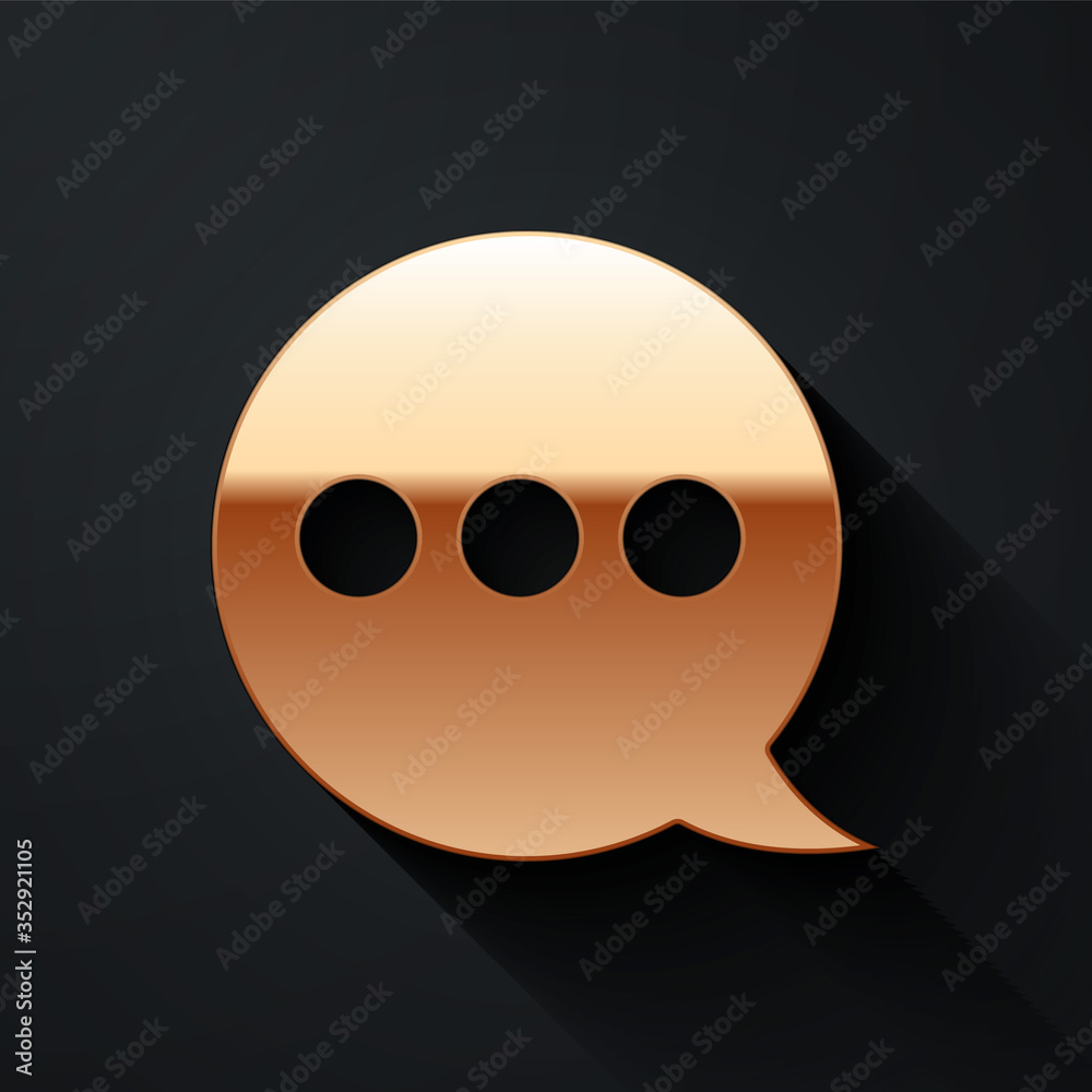 Gold Speech bubble chat icon isolated on black background. Message icon. Communication or comment ch