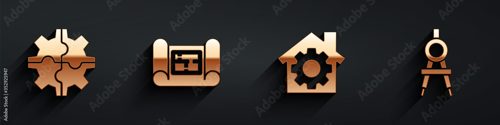 Set Gear, House plan, House with gear and Drawing compass icon with long shadow. Vector.