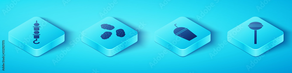 Set Isometric Grilled shish kebab, Chicken nuggets, Lollipop and Milkshake icon. Vector.