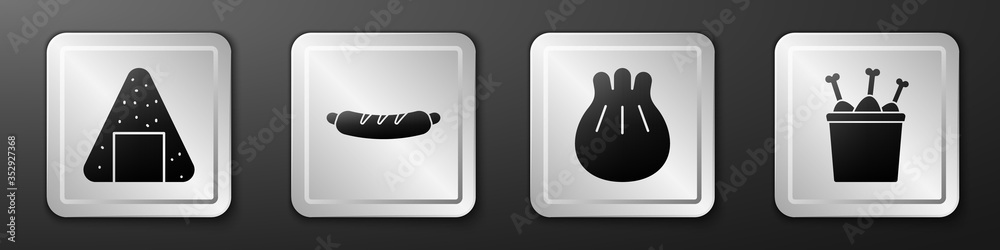 Set Onigiri, Hotdog sandwich, Khinkali on cutting board and Chicken leg in package box icon. Silver 