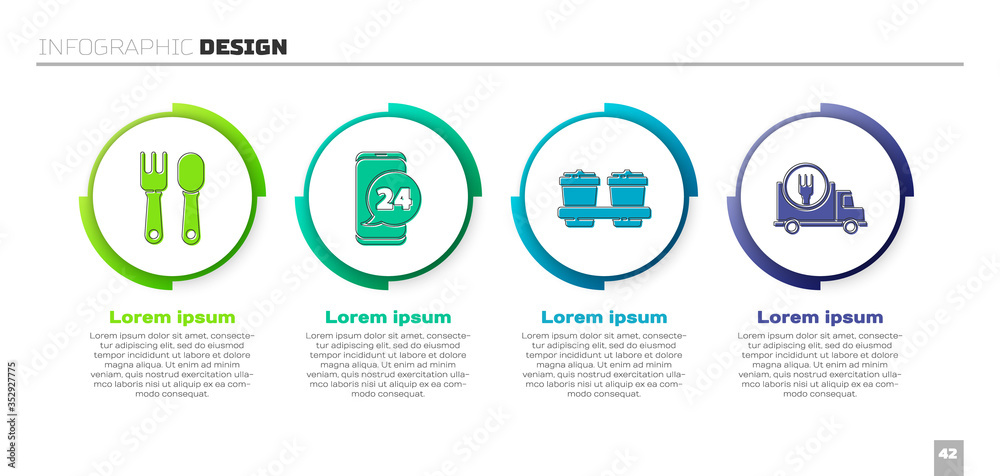 Set Fork and spoon, Food ordering, Coffee cup to go and Fast delivery by car. Business infographic t