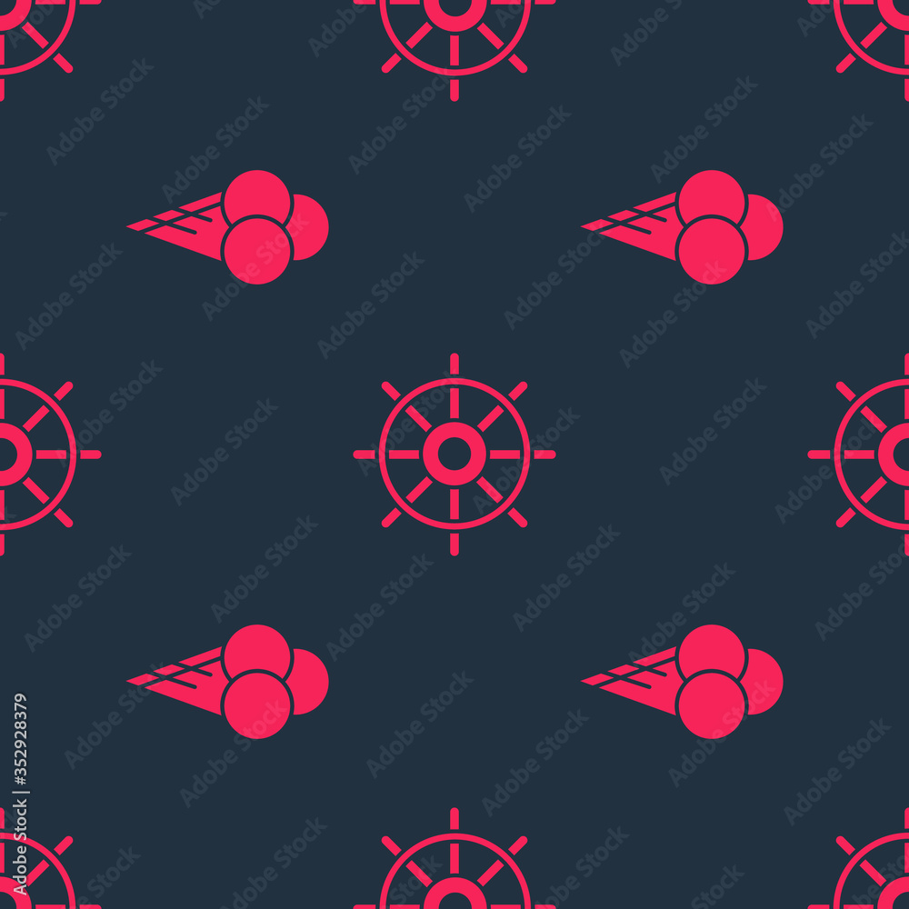 Set Ice cream in waffle cone and Ship steering wheel on seamless pattern. Vector.