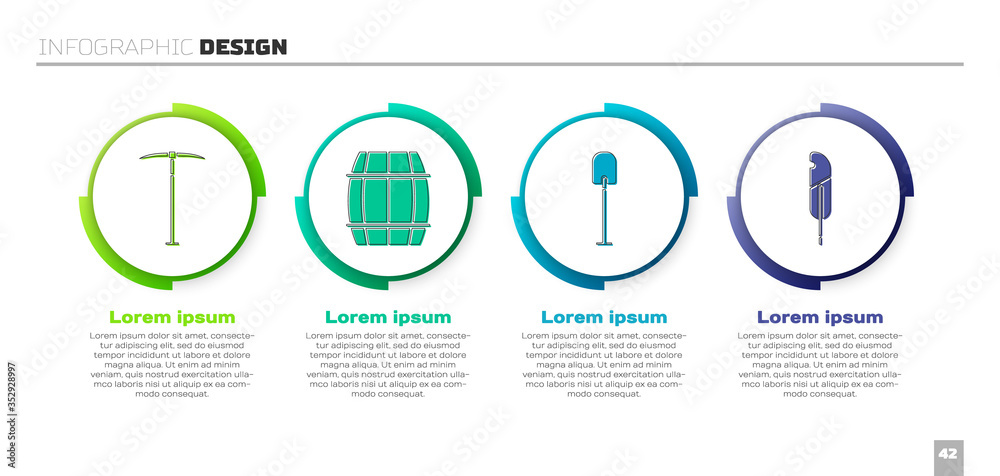 套装镐、木桶、铲子和羽毛笔。商业信息图模板。矢量。