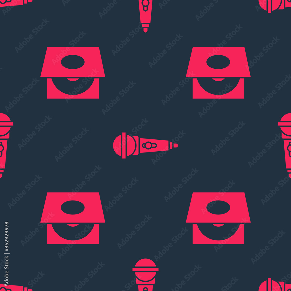 Set Vinyl player with a vinyl disk and Microphone on seamless pattern. Vector.