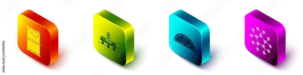 Set Isometric Barrel oil leak, Oil platform in the sea, Speedometer and Molecule oil icon. Vector.