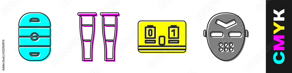 设置冰球场、Crutch或拐杖、冰球机械记分牌和冰球面罩图标。矢量。