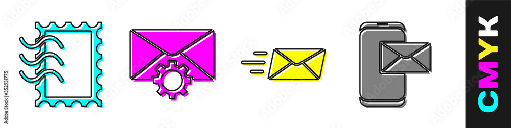 Set Postal stamp, Envelope setting, Express envelope and Mobile and envelope icon. Vector.