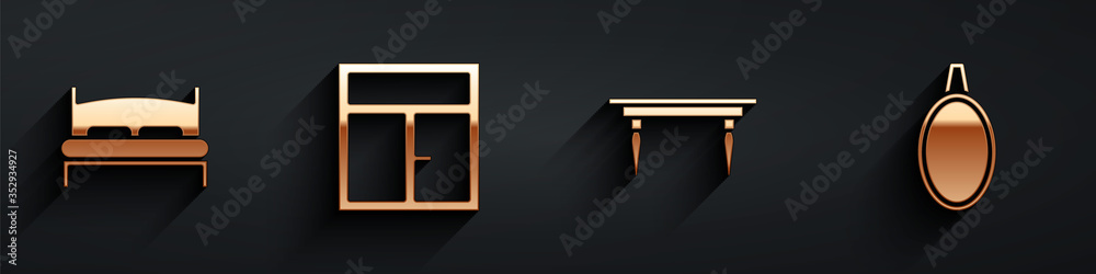 Set Big bed, Window in the room, Wooden table and Mirror icon with long shadow. Vector