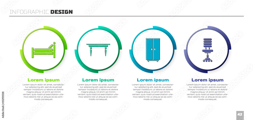 套装床、木桌、衣柜和办公椅。商业信息图模板。矢量