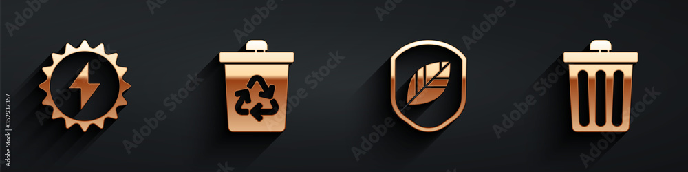 Set Solar energy panel, Recycle bin with recycle, Shield with leaf and Trash can icon with long shad