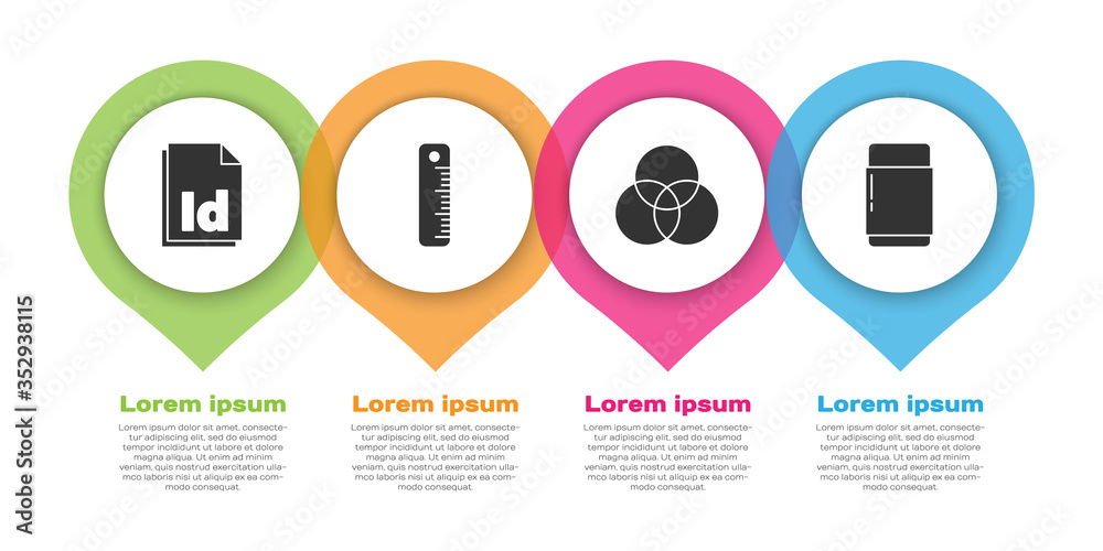 设置ID文件文档、标尺、RGB和CMYK颜色混合以及橡皮擦或橡胶。商业信息图te