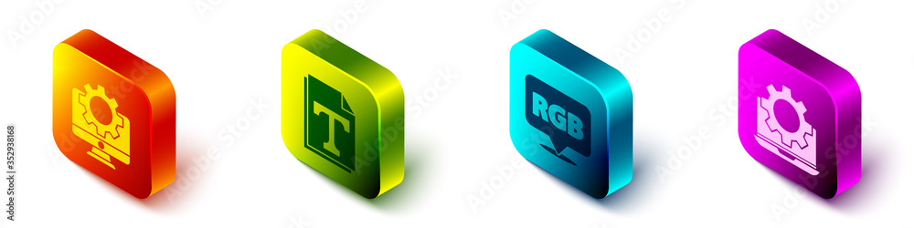 Set Isometric Computer monitor and gear, Text file document, Speech bubble with RGB and CMYK and Lap