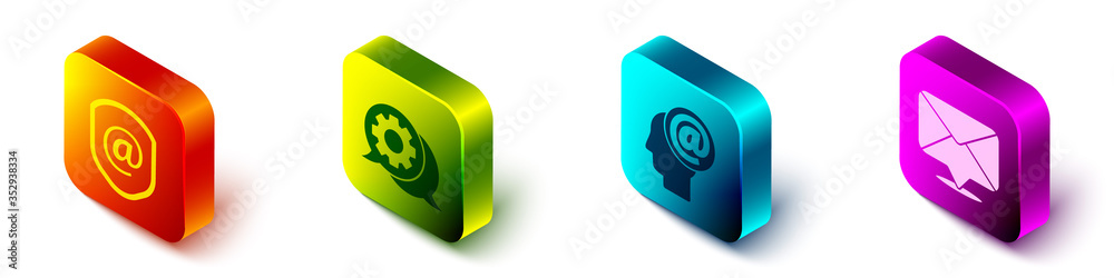 Set Isometric Shield with mail and e-mail, Speech bubble chat, Mail and e-mail and Envelope icon. Ve