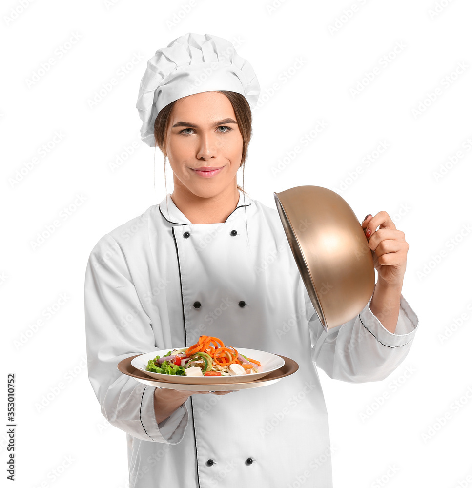 Transgender chef with salad on white background