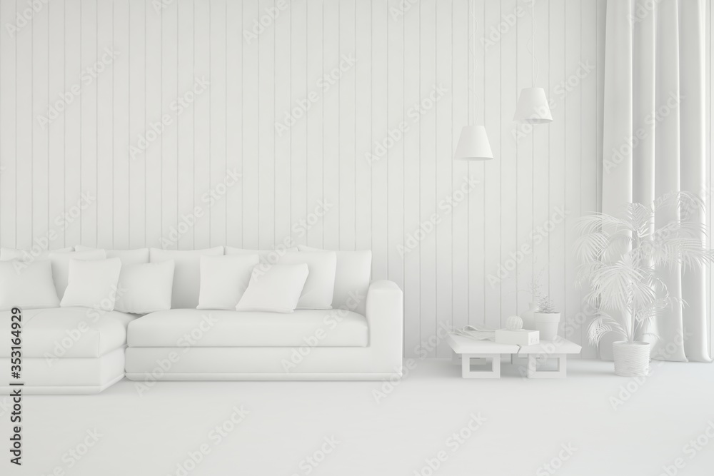 White minimalist living room with sofa. Scandinavian interior design. 3D illustration