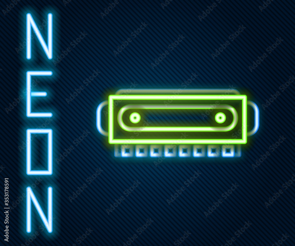 Glowing neon line Harmonica icon isolated on black background. Musical instrument. Colorful outline 