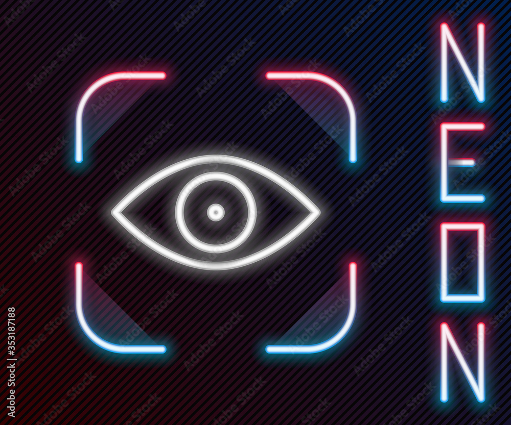 Glowing neon line Eye scan icon isolated on black background. Scanning eye. Security check symbol. C