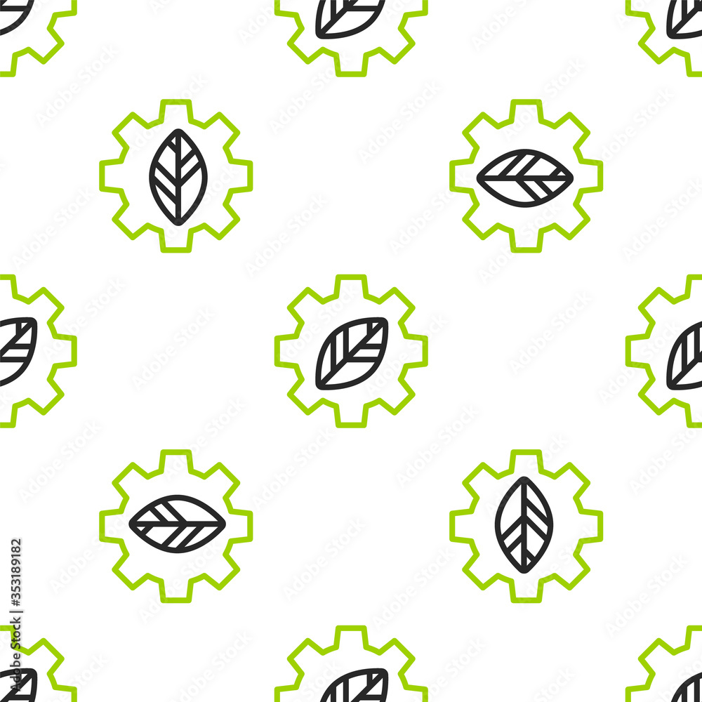 Line Leaf plant ecology in gear machine icon isolated seamless pattern on white background. Eco frie