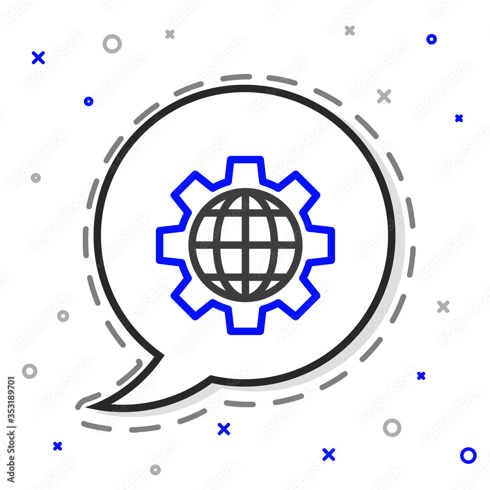 Line Globe of the Earth and gear or cog icon isolated on white background. Setting parameters. Globa