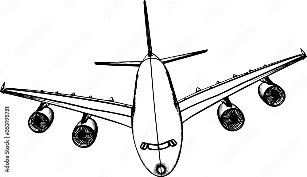 Commercial passenger plane frontal side view vector.