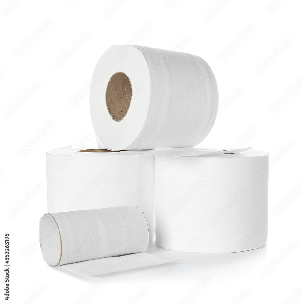 Rolls of toilet paper on white background