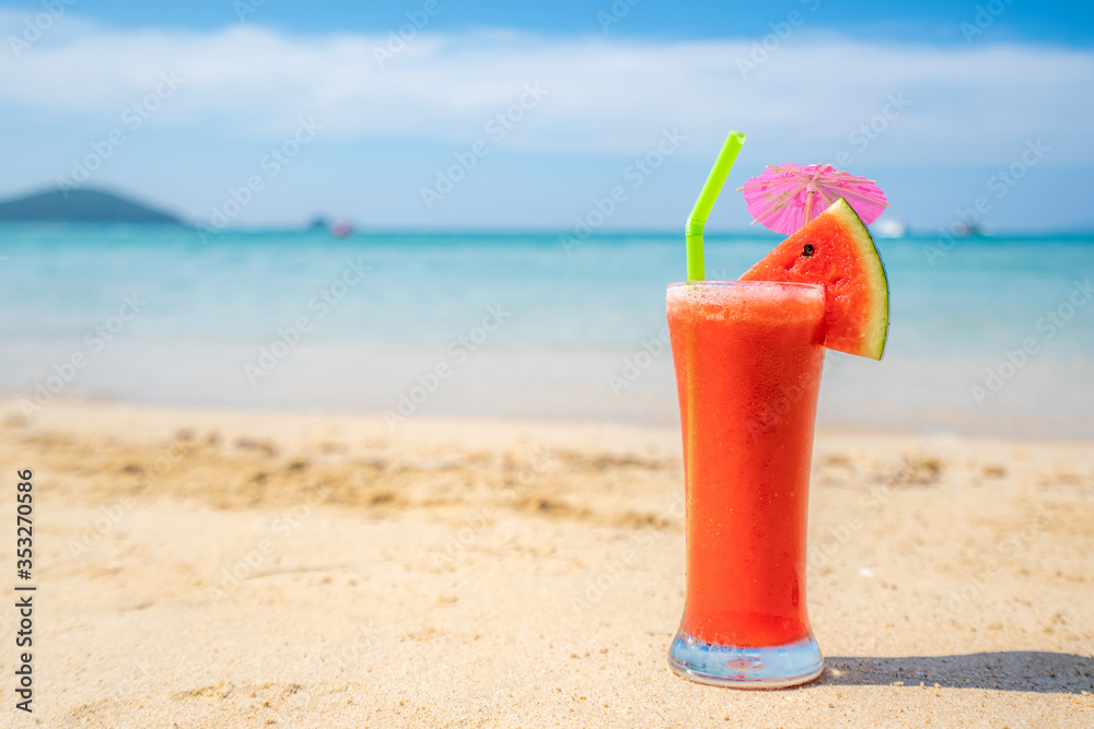 Watermelon juice in drink glass on the beach with clear day sky in Koh Kood at Trat, Thailand. Summe