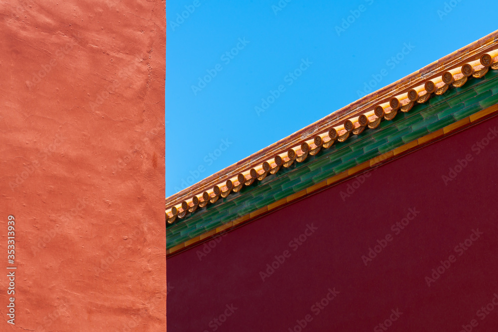 Red wall in the forbidden city. Chinese traditional symbols. Minimal background.