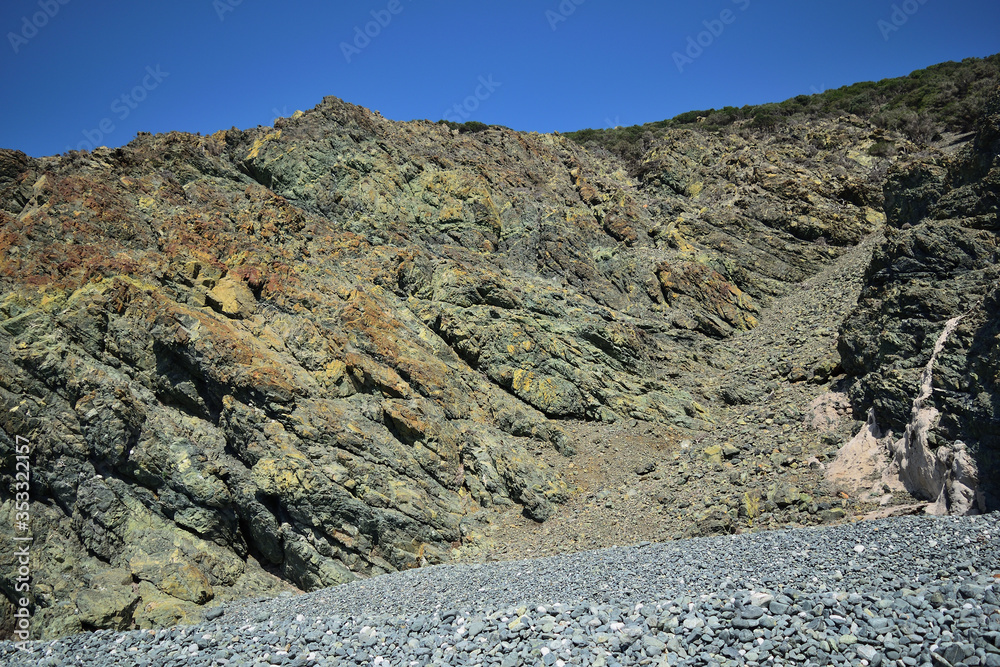 Rocky coast of the sea - granite erosion at Kipos beach, Samothraki island, Greece, Aegean sea