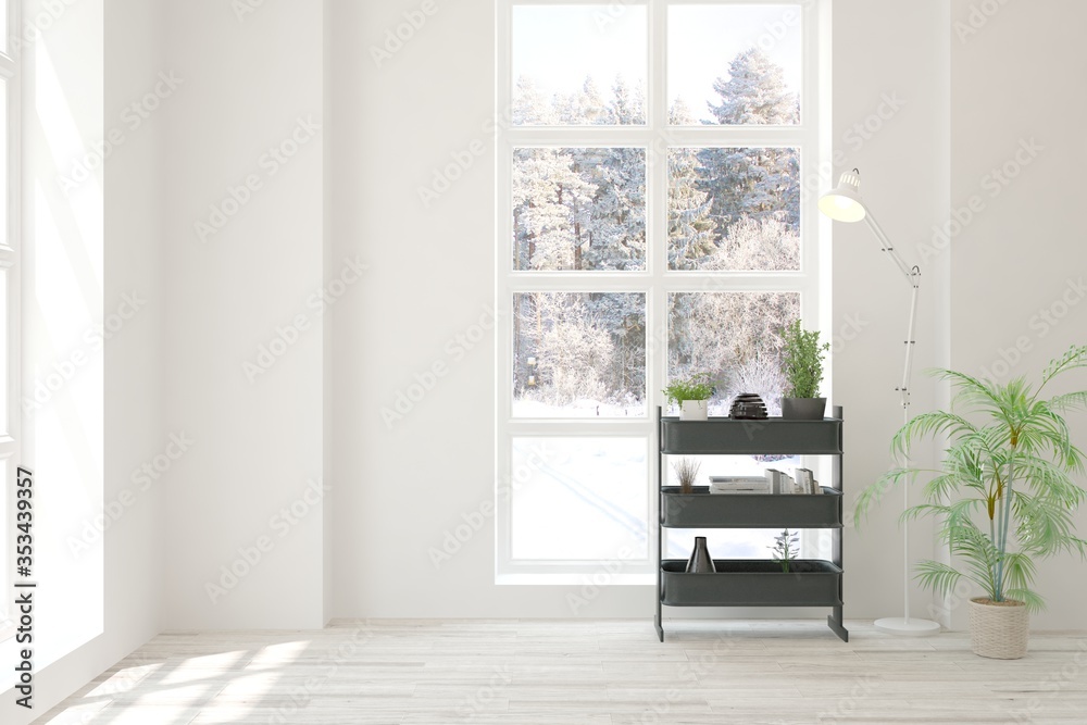 Mock up of empty room in white color with winter landscape in window. Scandinavian interior design. 