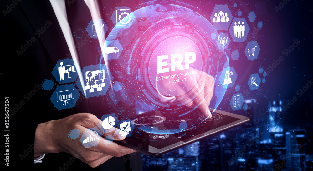 Enterprise Resource Management ERP software system for business resources plan presented in modern g