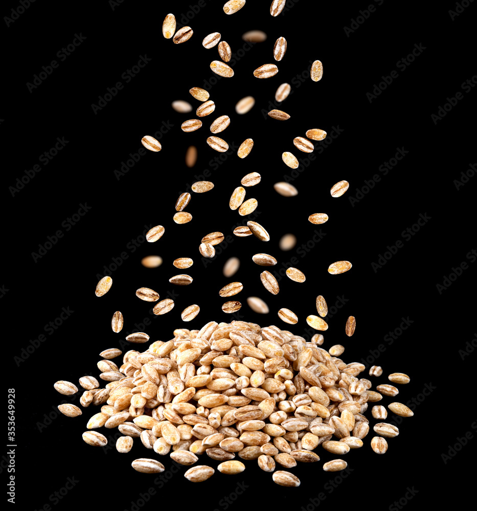 Heap of pearl barley grains on black background