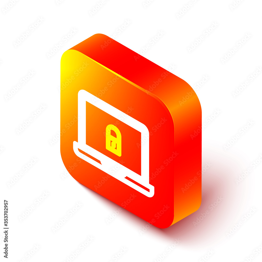 Isometric line Laptop and lock icon isolated on white background. Computer and padlock. Security, sa