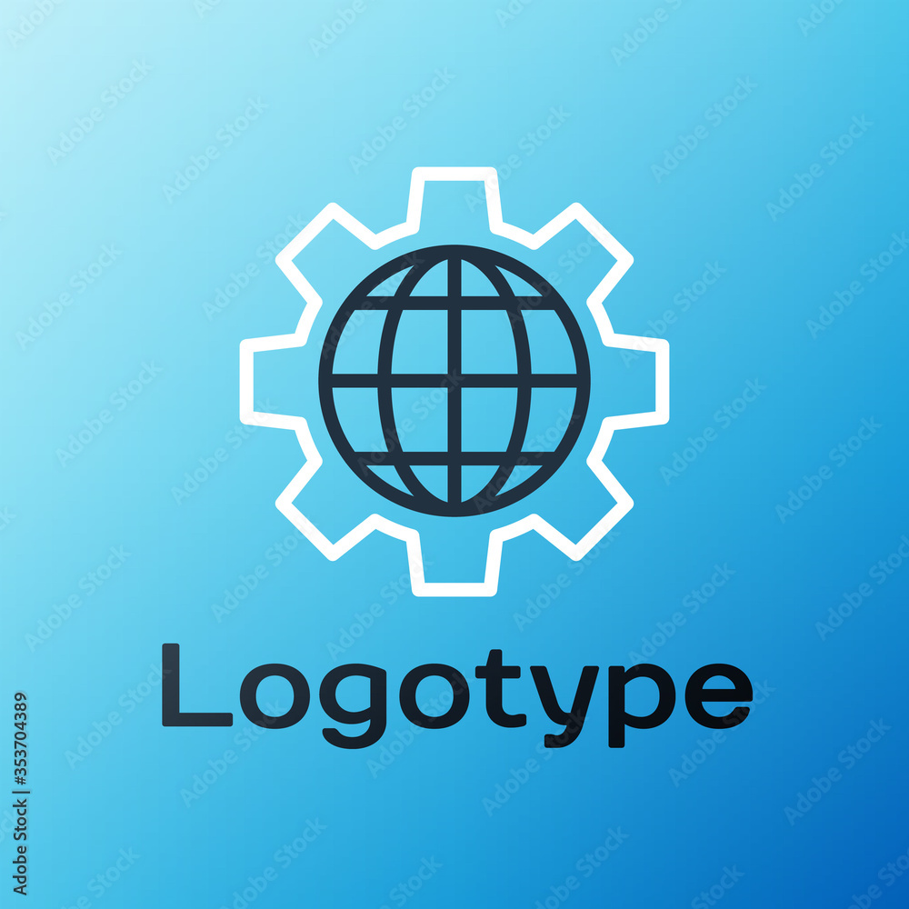 Line Globe of the Earth and gear or cog icon isolated on blue background. Setting parameters. Global