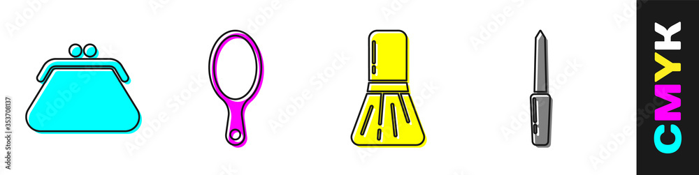 设置离合器包、手镜、化妆刷和指甲锉图标。矢量。