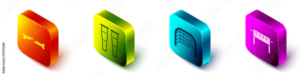 Set Isometric Human broken bone, Crutch or crutches, Ice hockey goal and Hockey table icon. Vector.